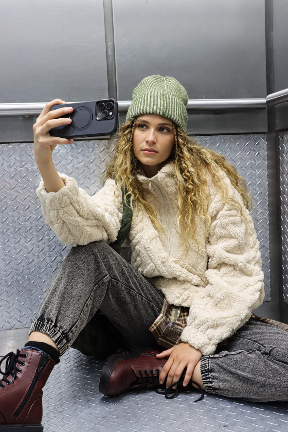 Lilian | Fluffy cable knit fleece half zip sweatshirt