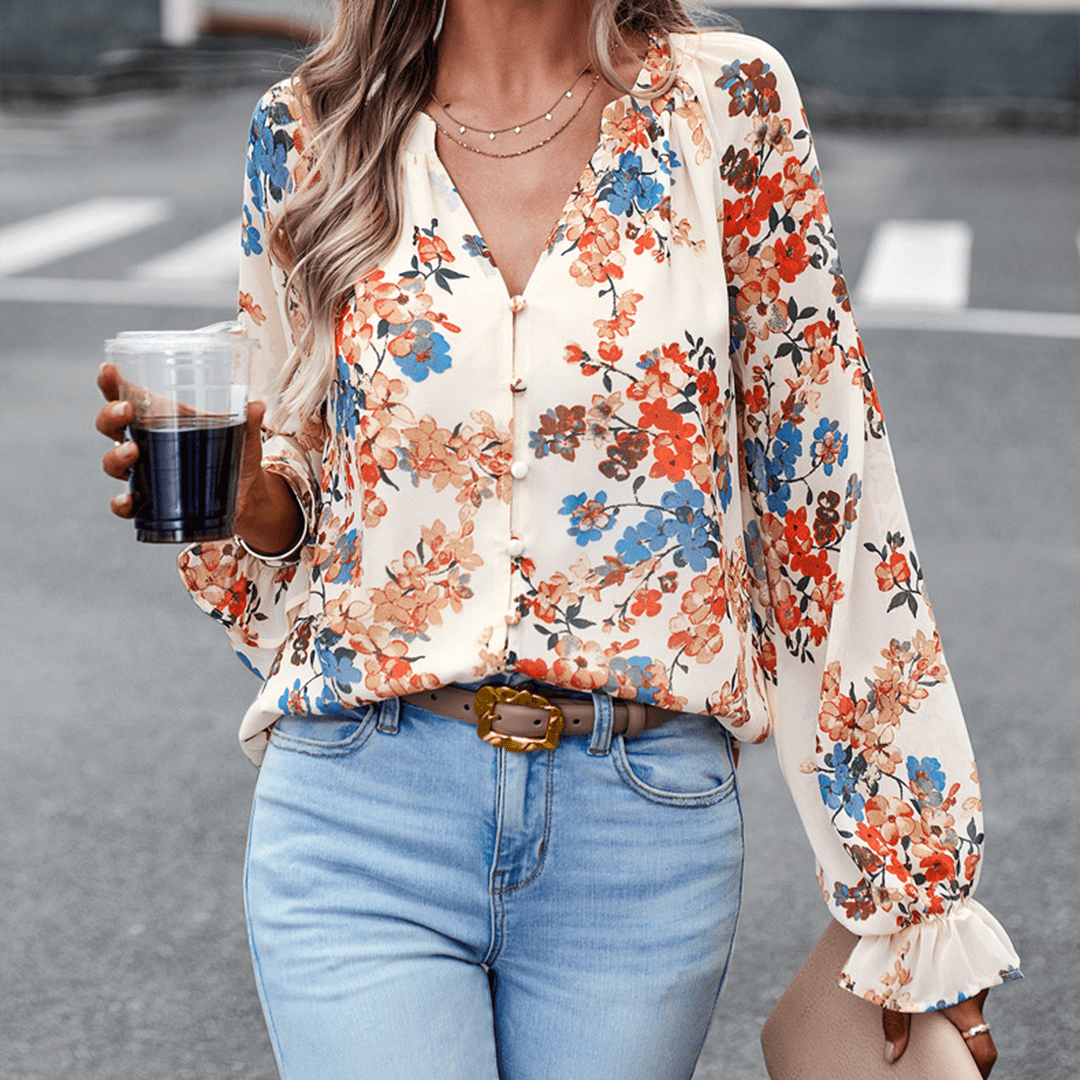 Lisa® | Elegant Floral Long-Sleeved V-Neck Blouse