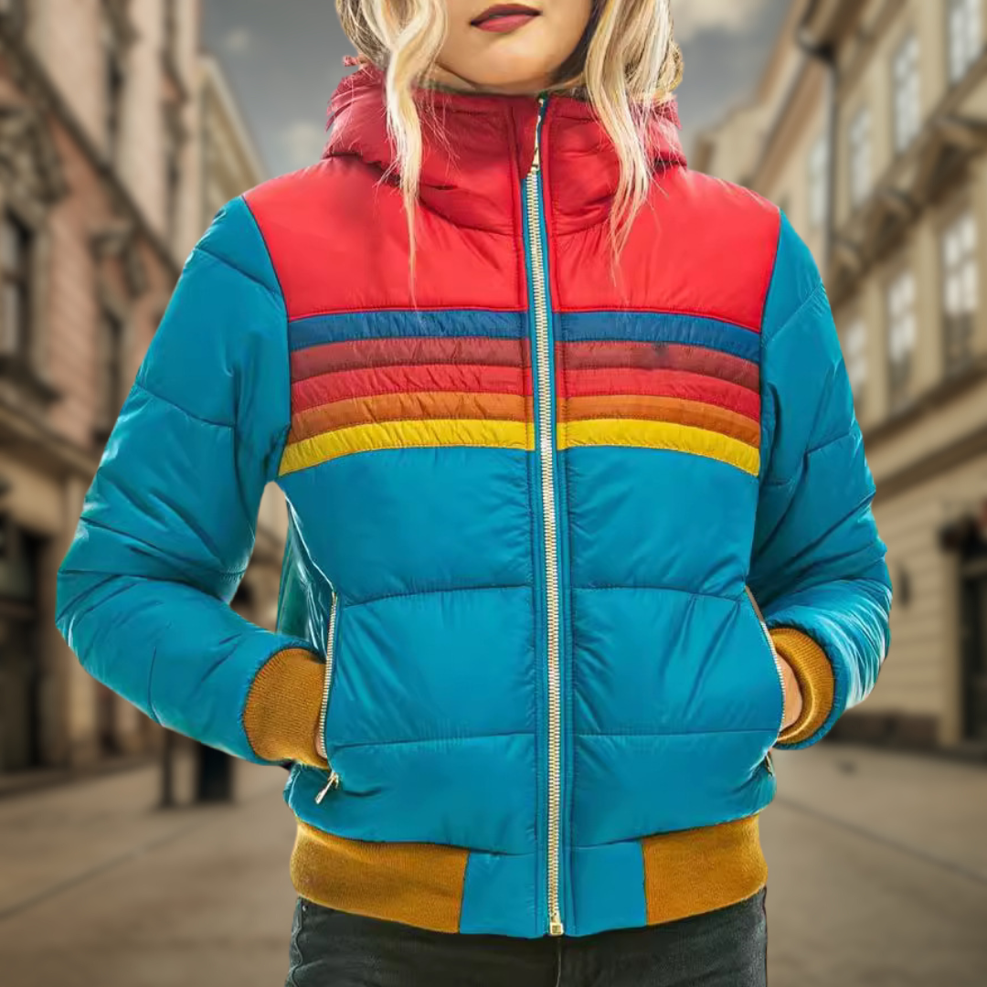 Luisa | Retro quilted jacket with bold color accents and stripes