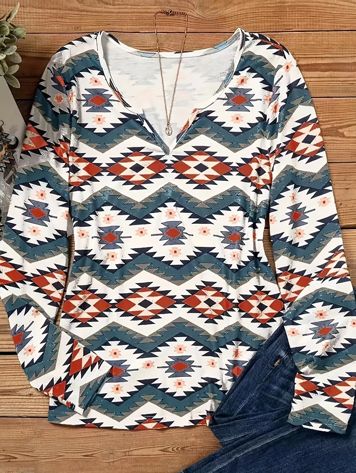 Graciela | Long-sleeved cotton T-shirt with a geometric print