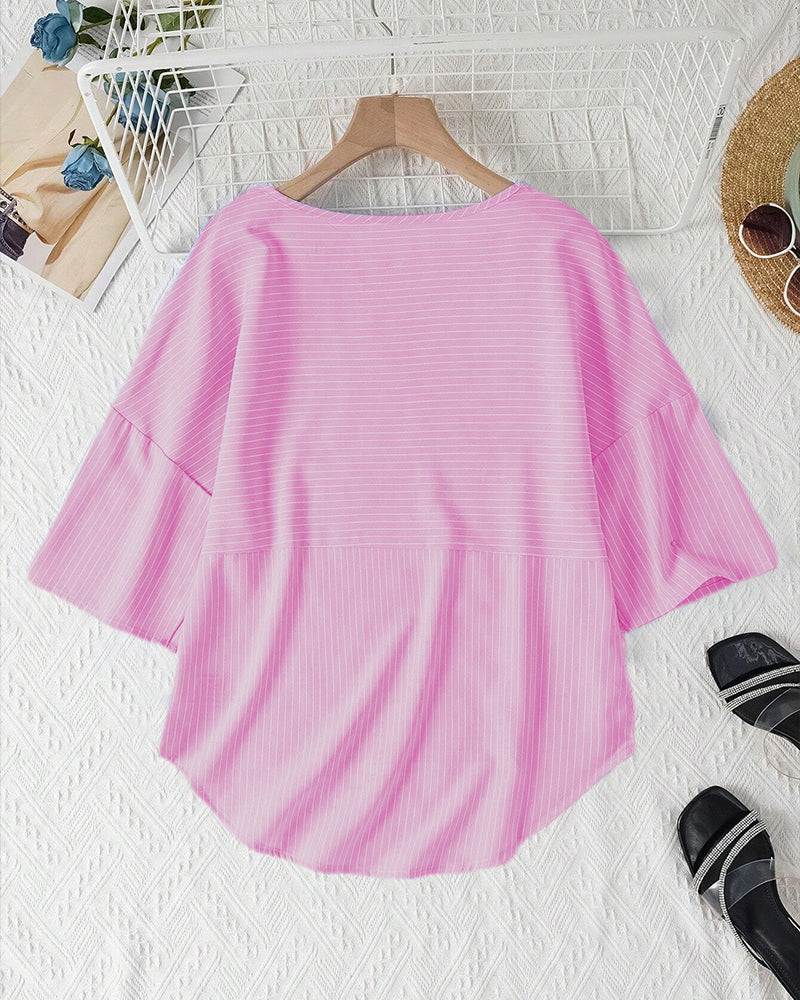 Nayla® | Casual Striped Loose Fit Button-Front Blouse For Women. Striped Blouse With Round Neck And Half-Length Sleeves.