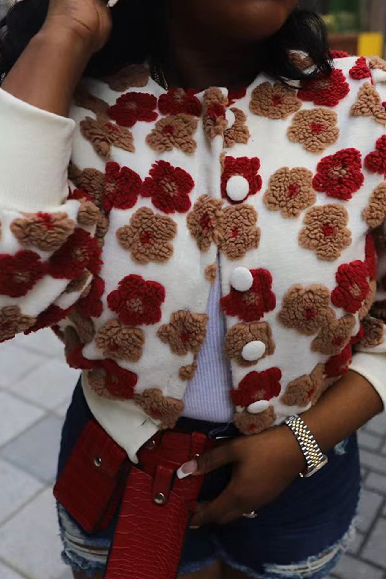 Monica | Floral jacquard cardigan with puff sleeves