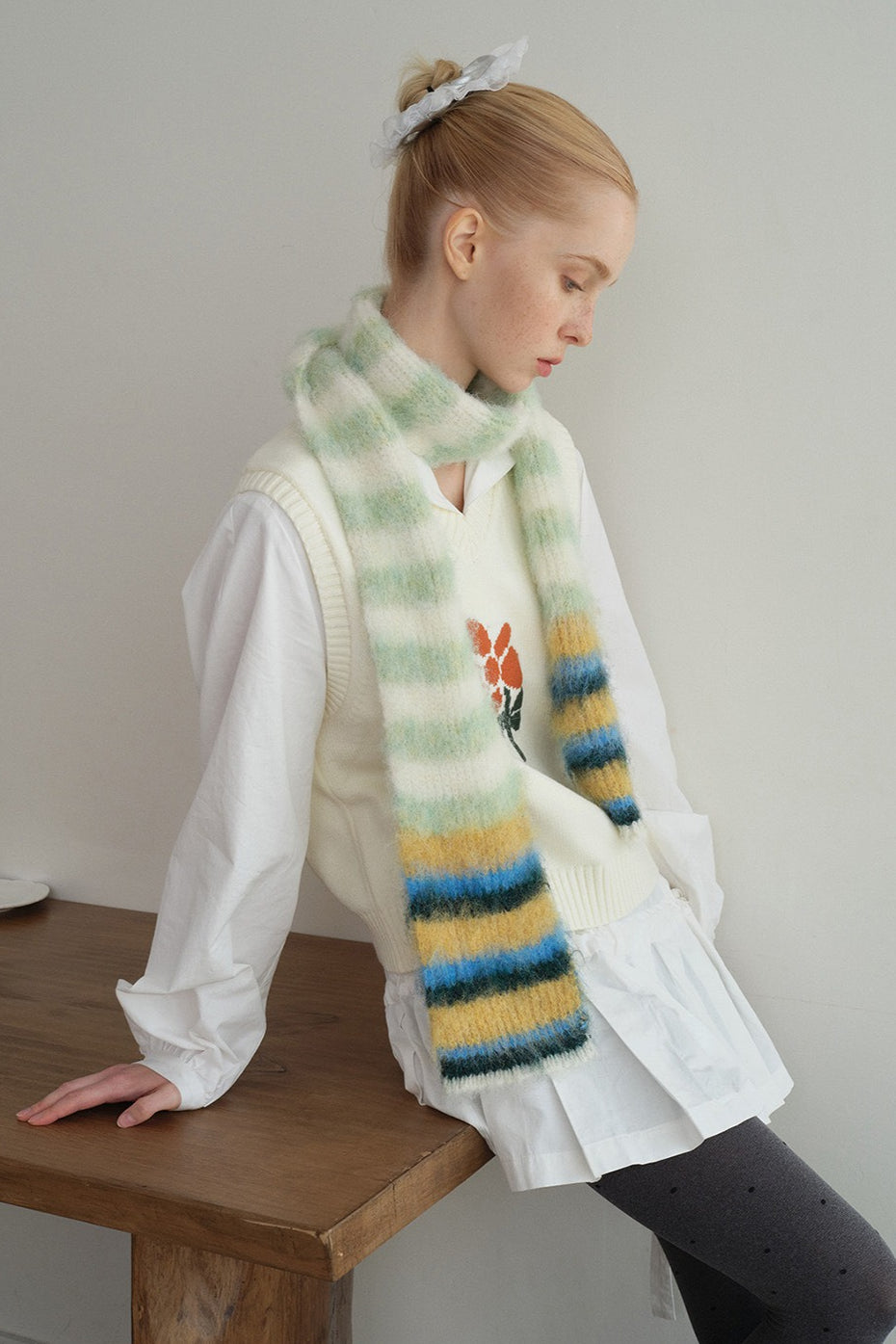 Contrast Striped Narrow Soft Wool Blend Knitted Scarf