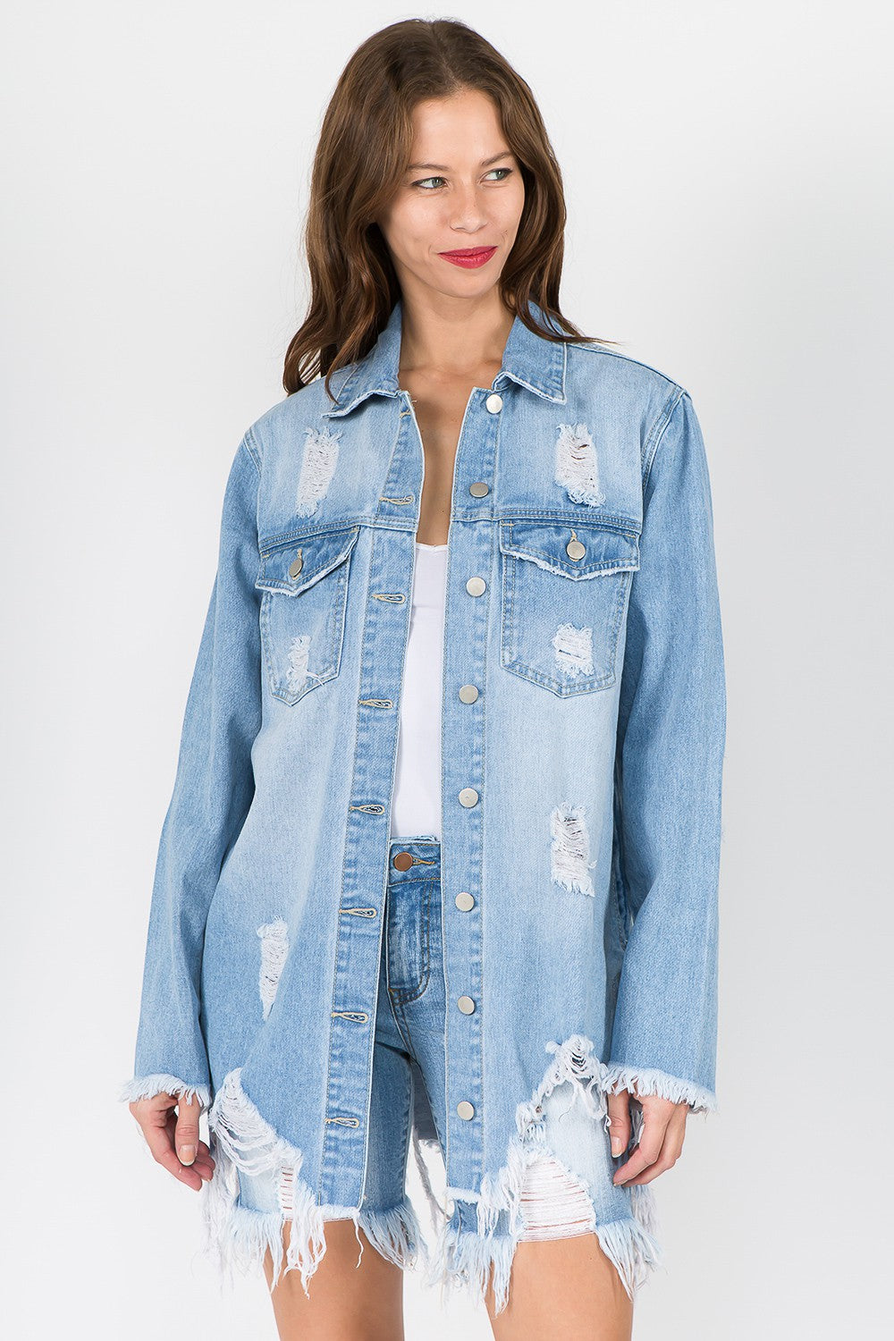 Frida | American Bazi distressed denim jacket with frayed hem