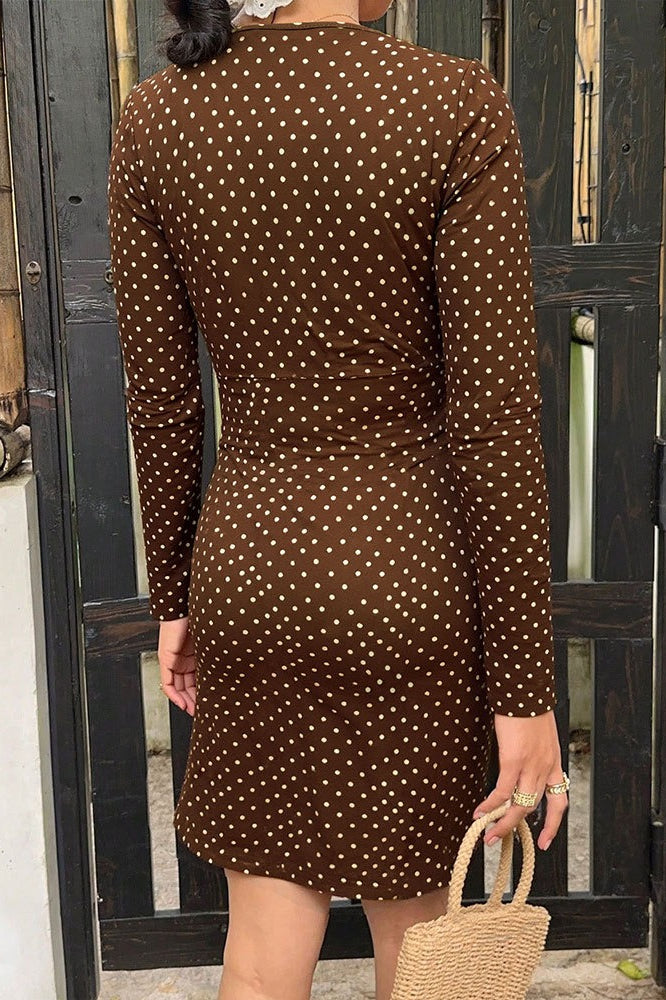V-Neck Lace Trim Polka Dot Bodycon Mini Dress