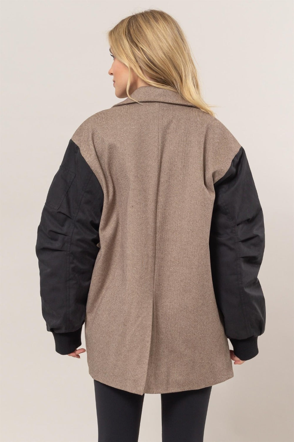 Marina | Long sleeve blazer with herringbone pattern and mixed media contrast
