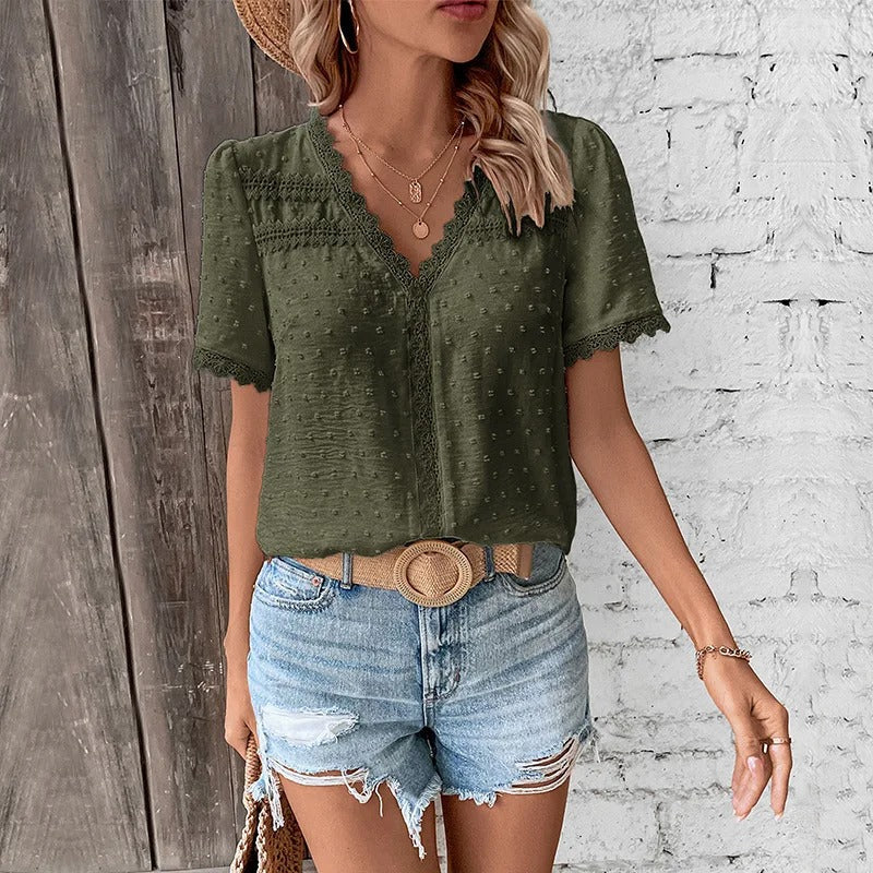 Mia® | Elegant Lace Blouse With A V-Neck And Puff Sleeves