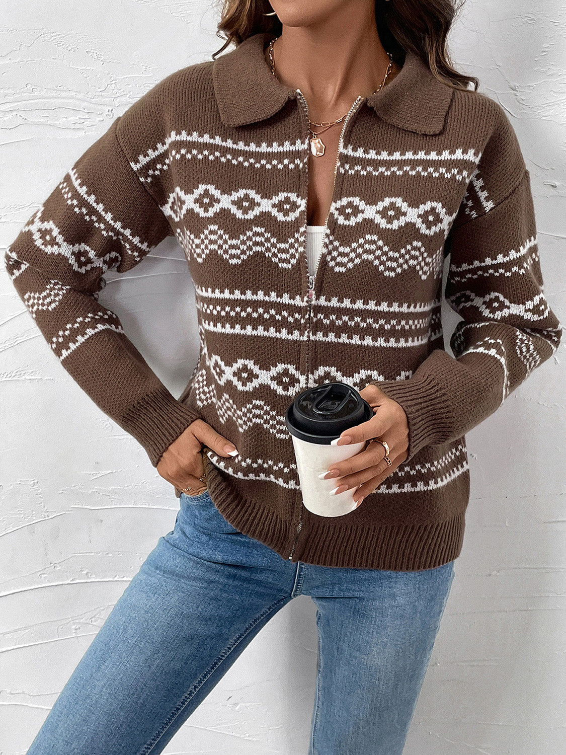 Monica | Perfee cardigan with geometric zip, collar and long sleeves