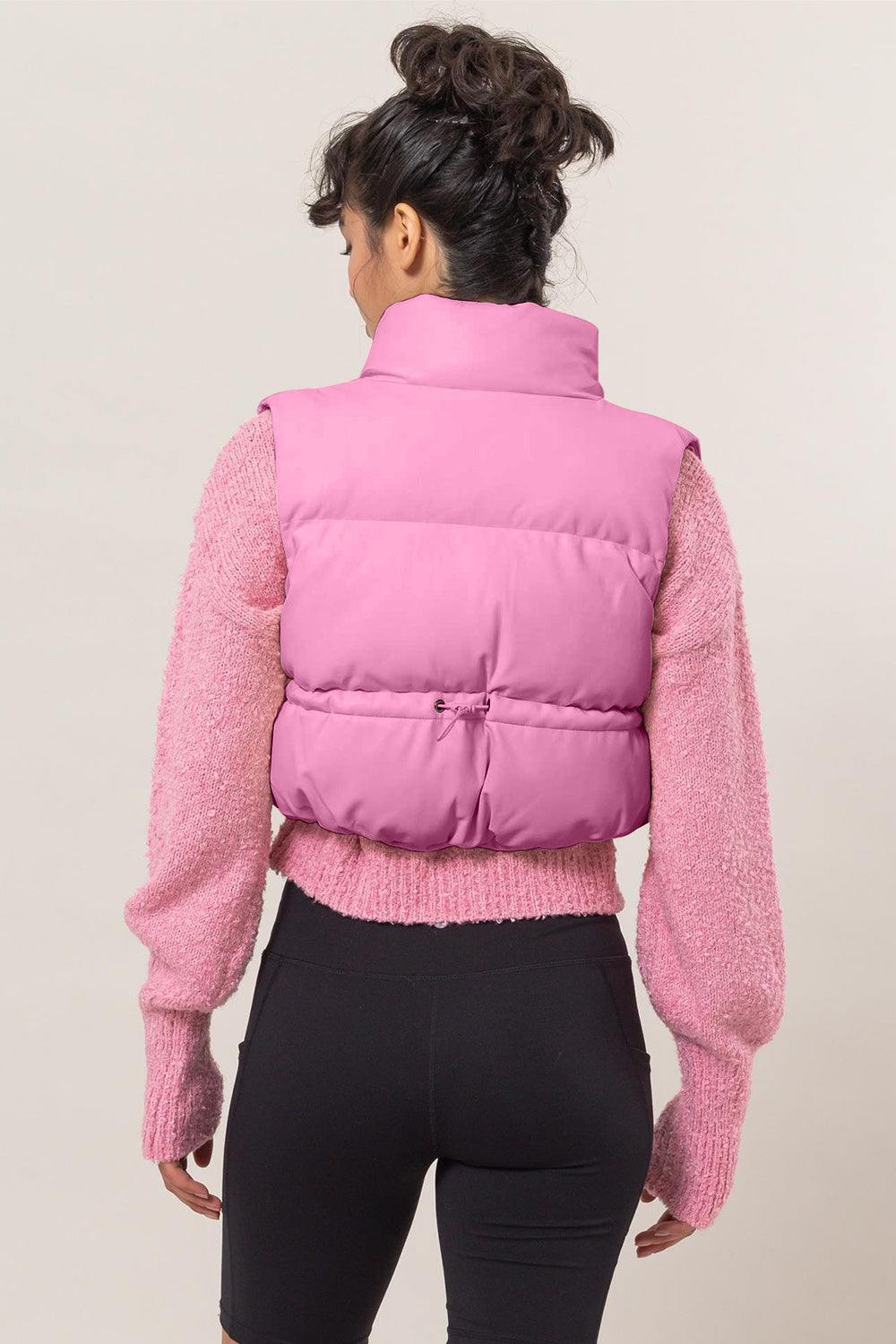 Celia | Cropped leather puffer vest with zip fastening