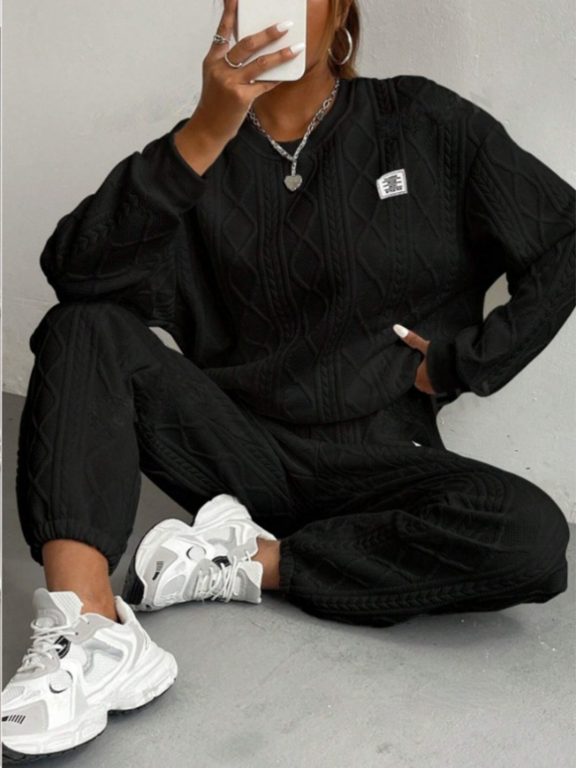 Amelie | Textured crew neck long sleeve top and pants set