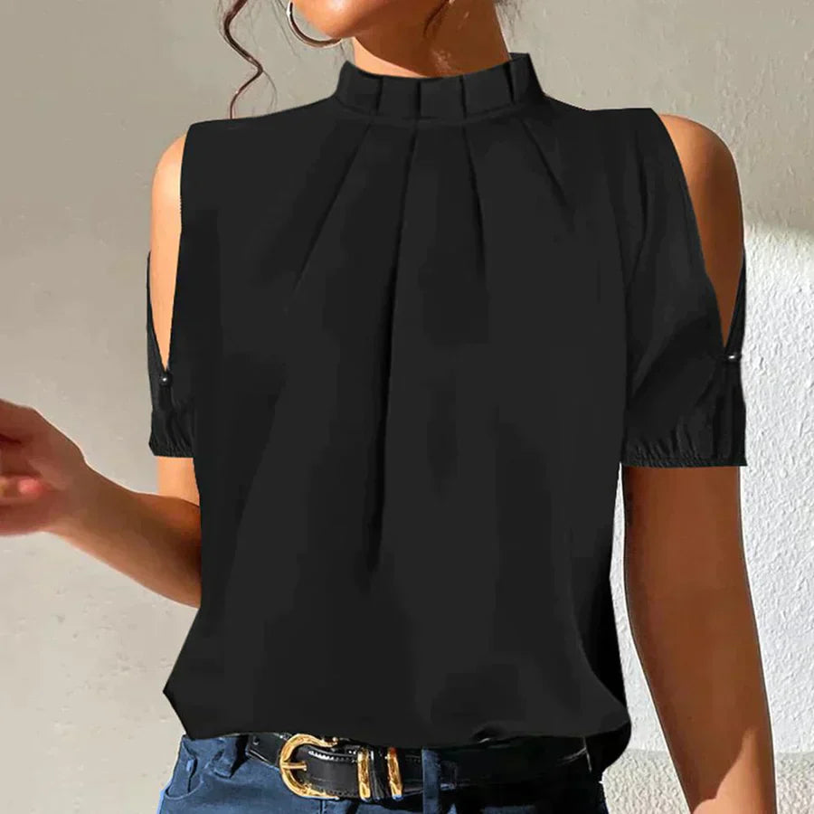 Pia® | Black Pleated Top With Slit Sleeves