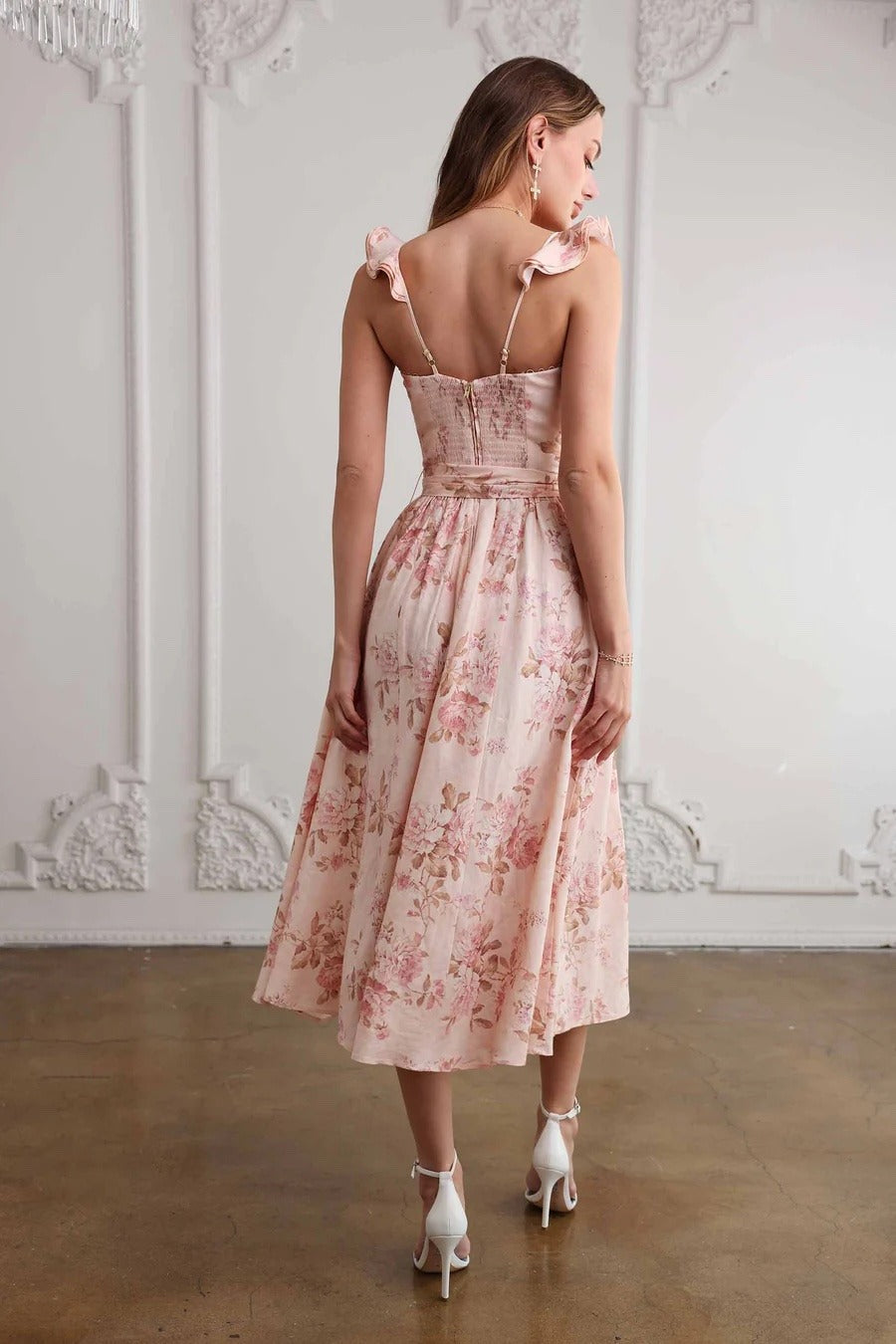 Floral Print Waist Tie Cami Midi Dress