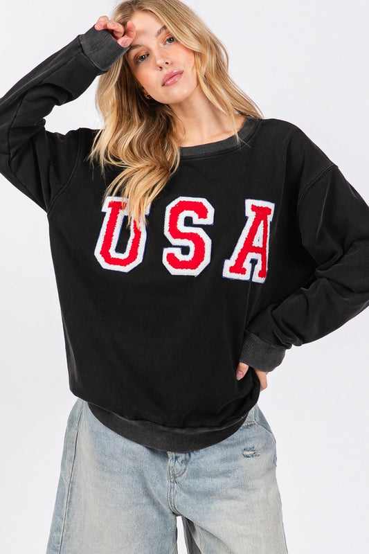 Begoña | SAGE + FIG crew neck sweatshirt with USA letter patch