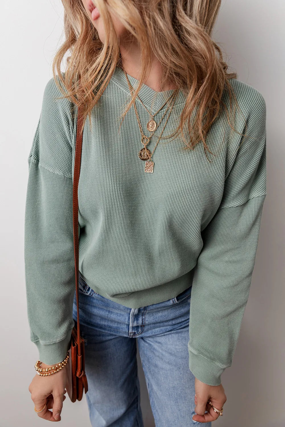 Avelina | Waffle knit top with long sleeves and dropped shoulders