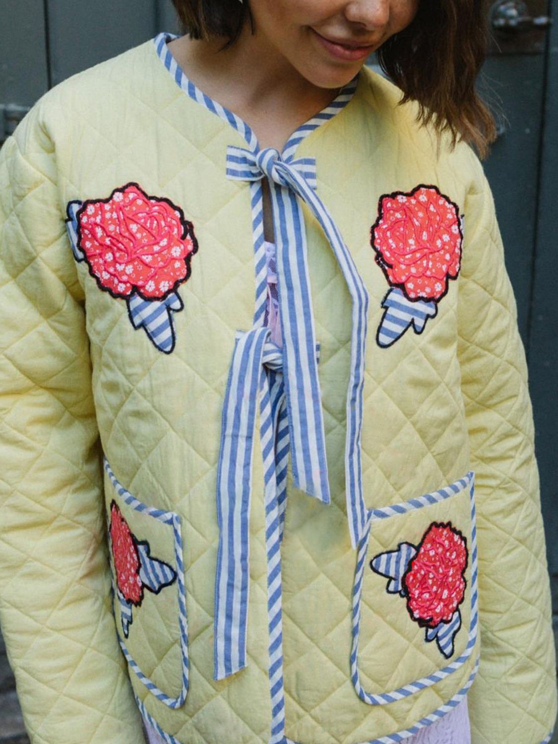 Alicia | Long sleeve winter coat with embroidered floral tie