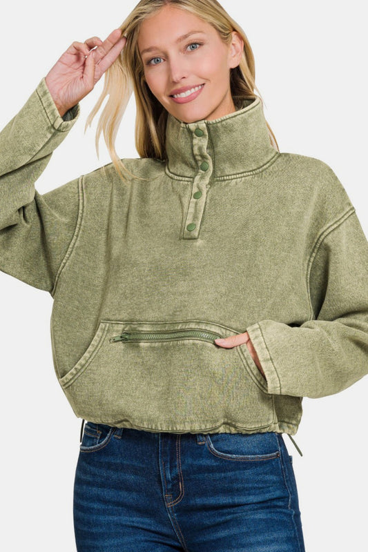 Greta | Acid wash fleece half-snap sweatshirt with pocket