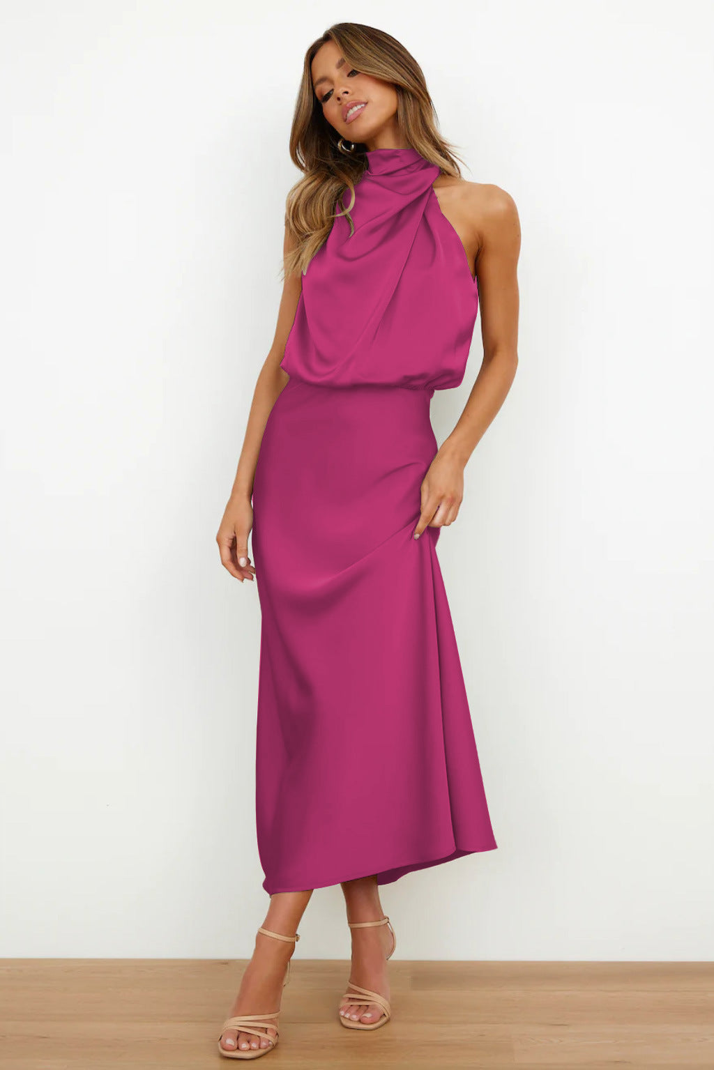 Vanessa® | Long Satin Dress With American Neckline
