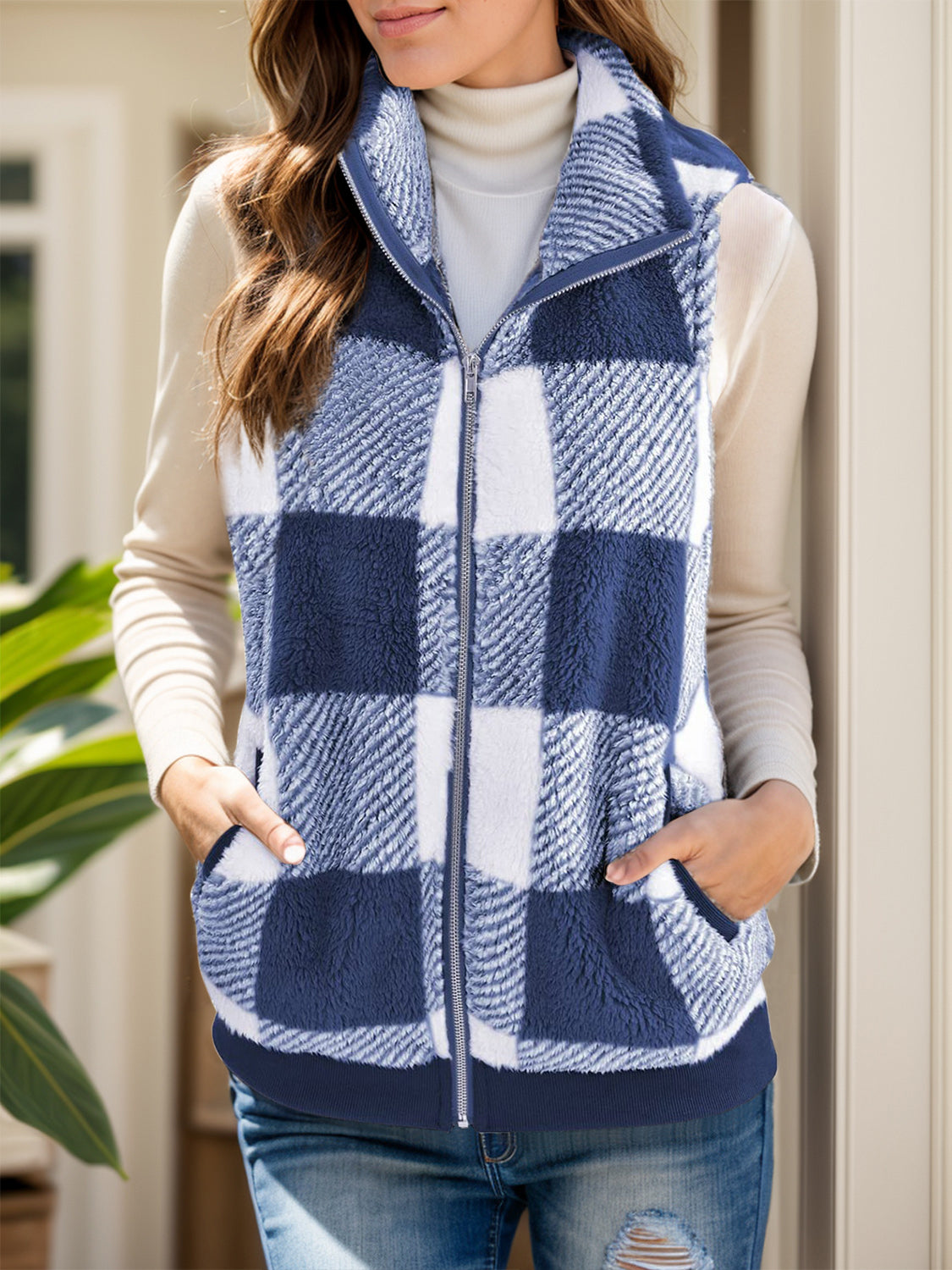 Anja | Full size checked vest coat with pockets