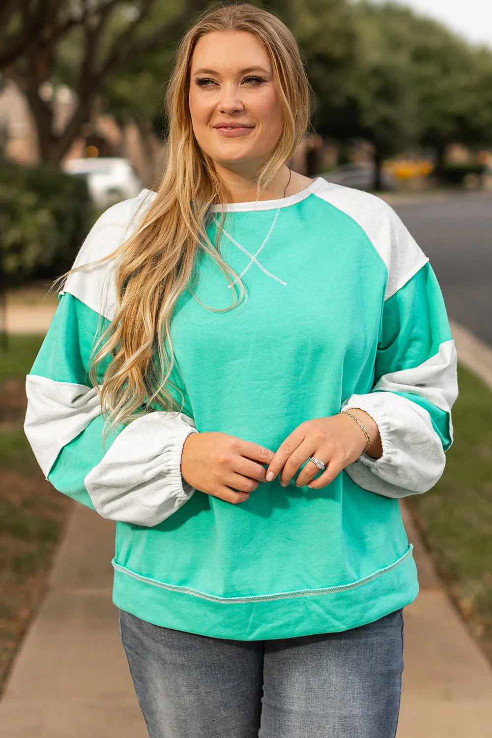 Elena | Plus size color block long sleeve sweatshirt with exposed seams