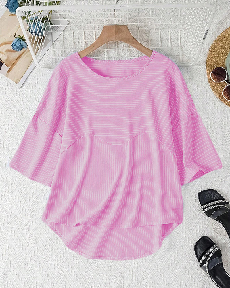 Nayla® | Casual Striped Loose Fit Button-Front Blouse For Women. Striped Blouse With Round Neck And Half-Length Sleeves.
