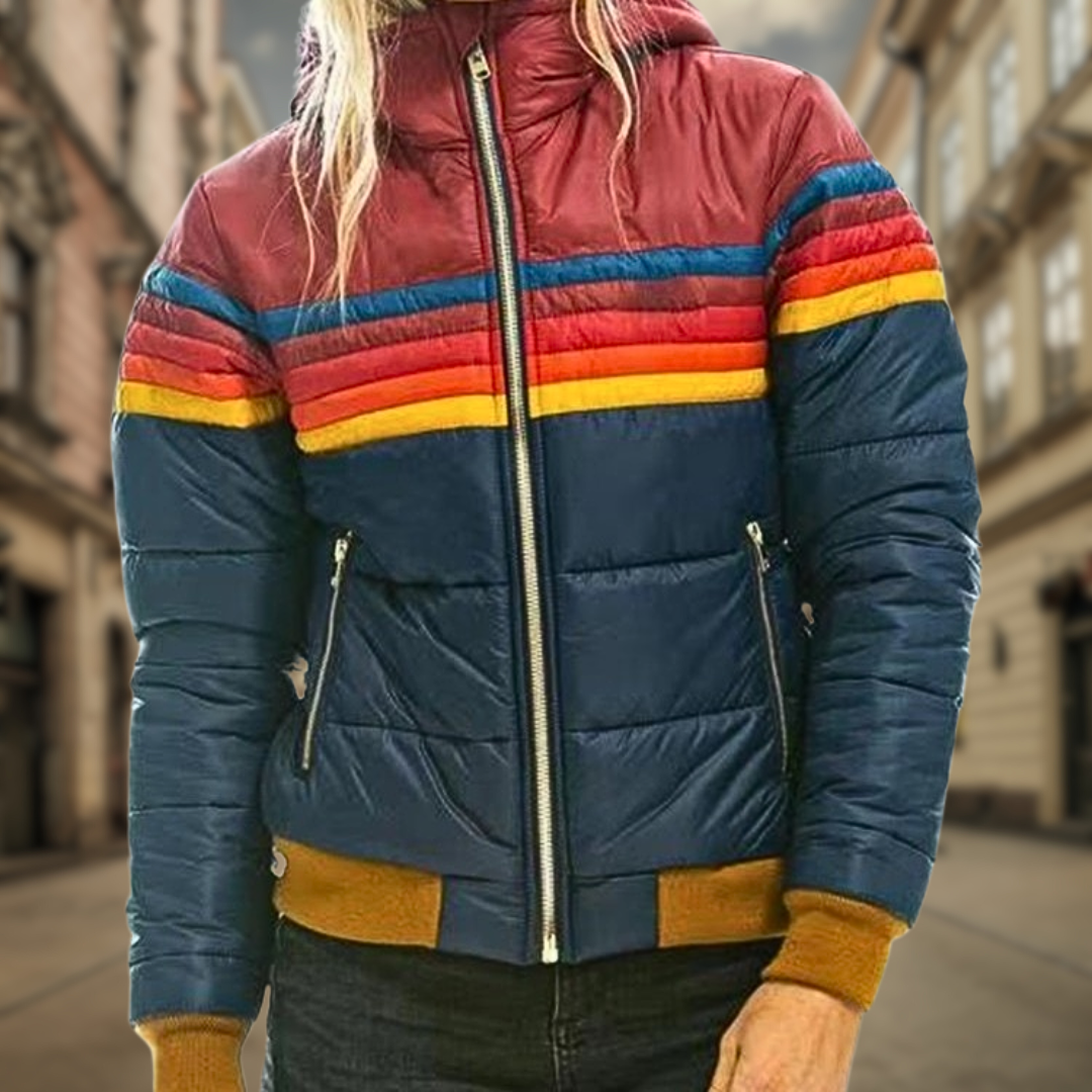 Luisa | Retro quilted jacket with bold color accents and stripes
