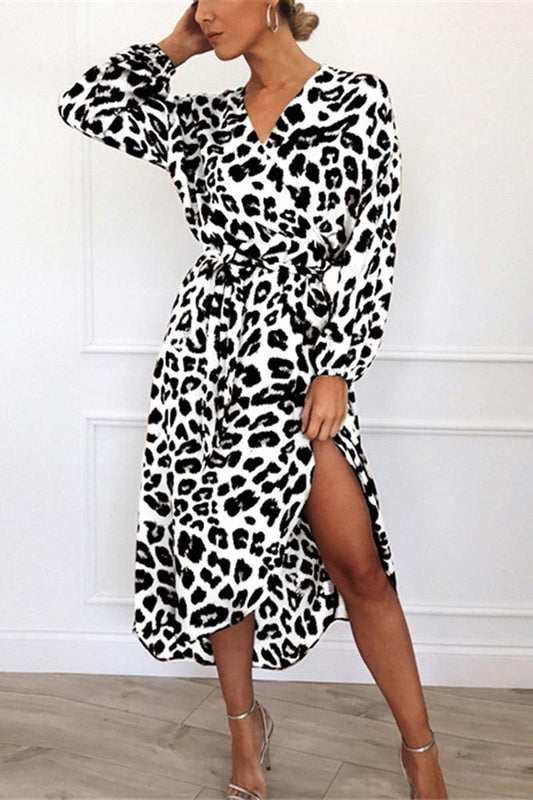 Lucia® | Elegant V-Neck Midi Dress With Leopard Print Waistband