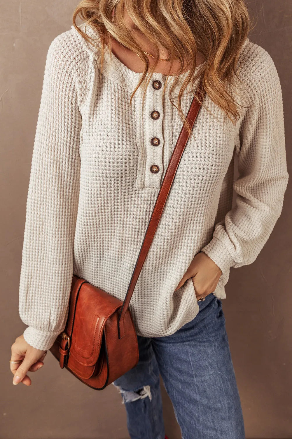 Alina | Half button waffle knit crew neck top