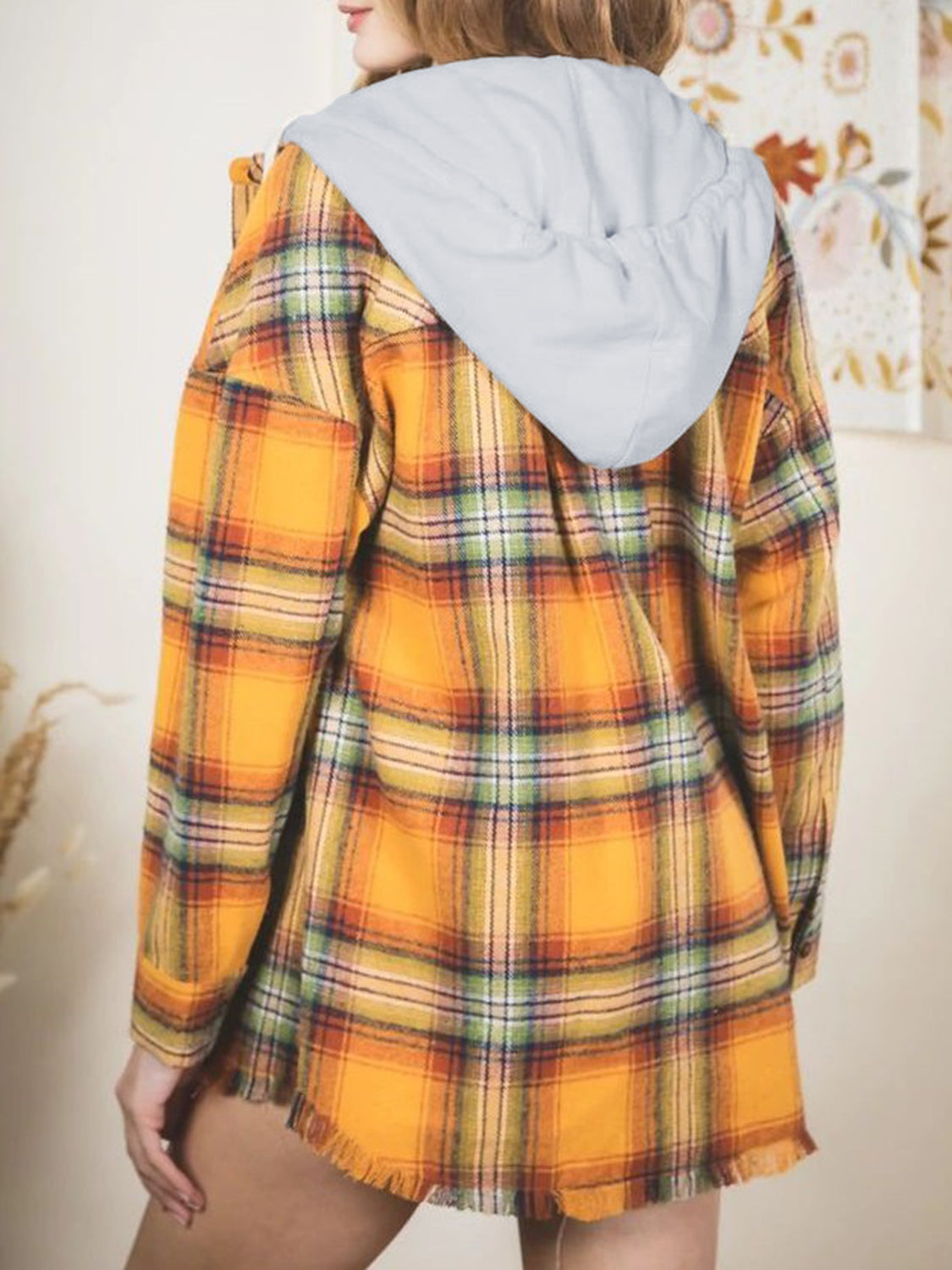 Carmen | Checked long sleeve hooded jacket with raw hem