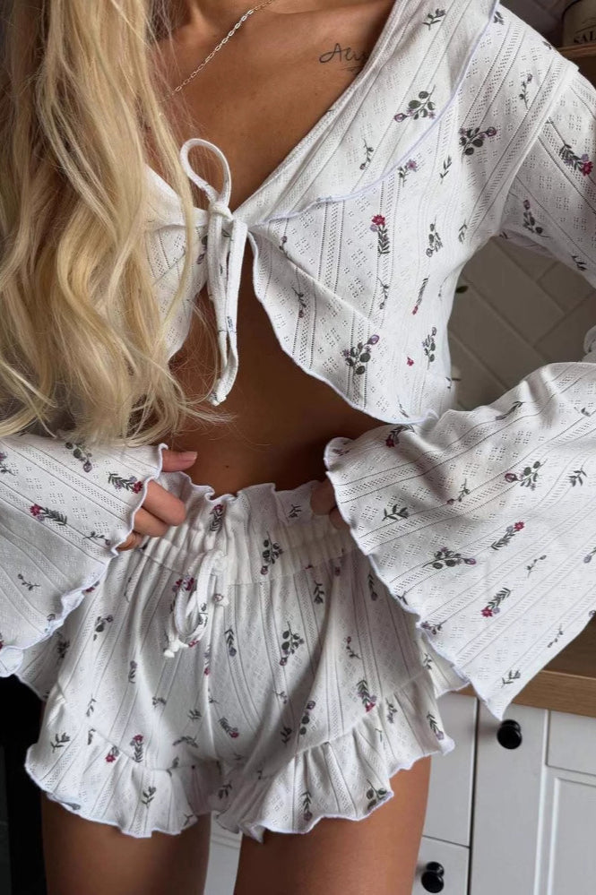 Short Cardigan Hollow Out Long Sleeve Floral Shorts Loungewear Two Piece Set