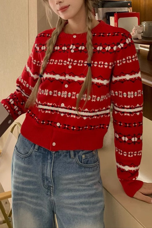 Red Striped Knit Cardigan