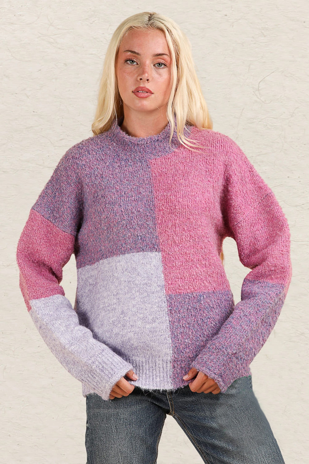 Ramona | Color block sweater with a stand-up collar and dropped shoulders