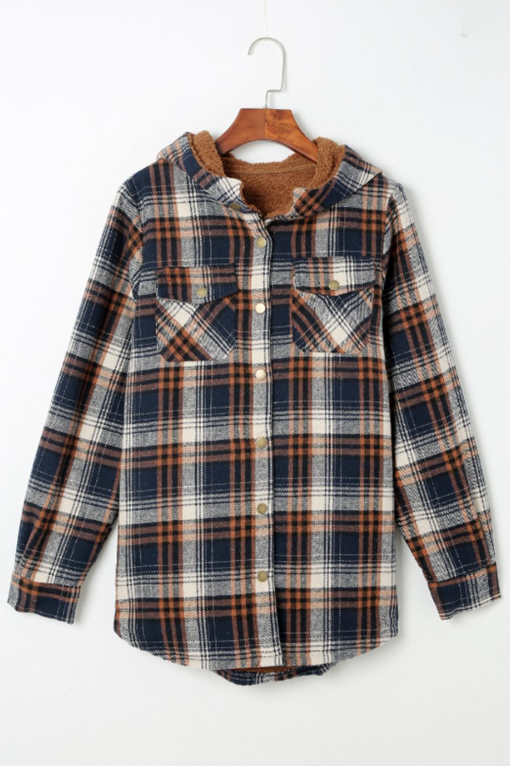 Brigida | Checked button down long sleeve hooded jacket