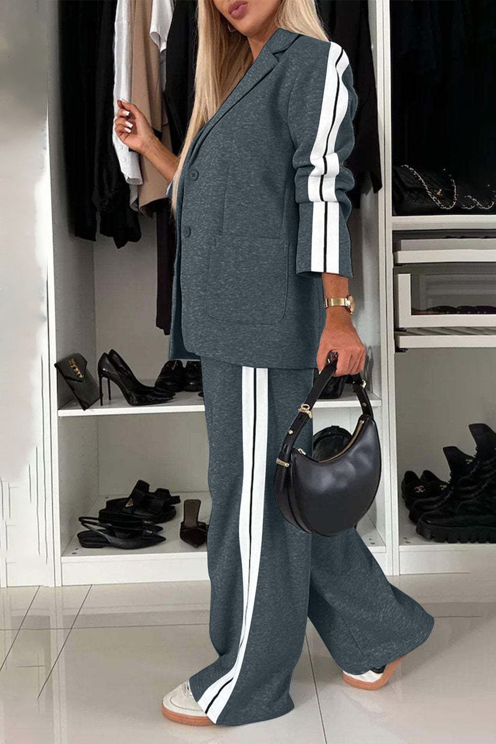 Frieda | Complete top and trousers set with contrast lapel collar