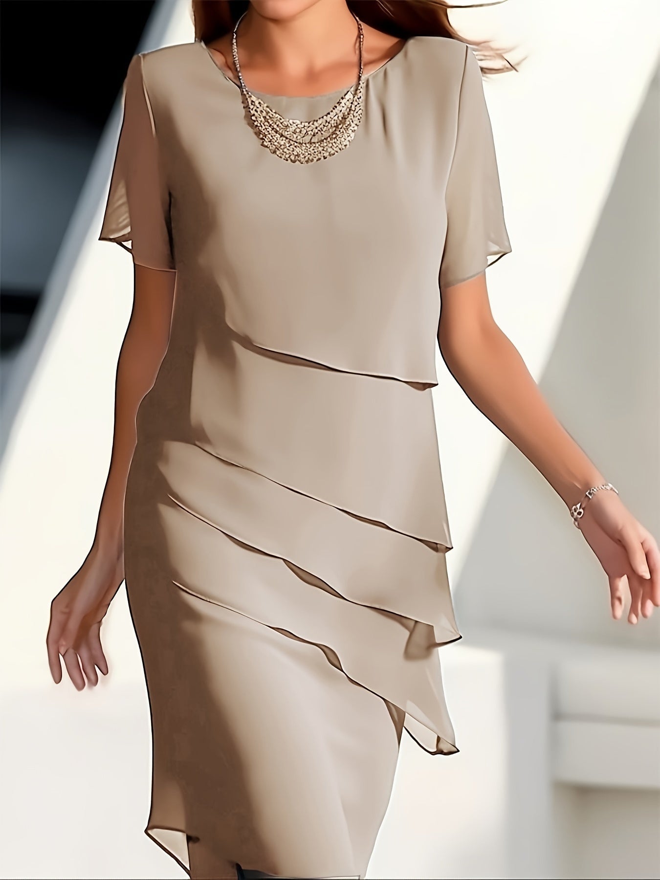 Cecilia® | Cotton Layered Trim Round Neck Short Sleeve Evening Dress For Women