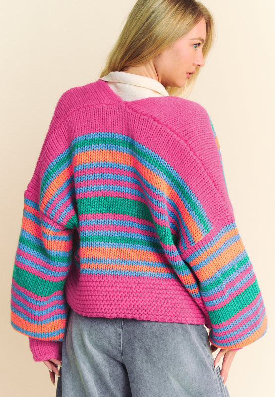 Magdalena | Contrast striped, long sleeve, open front cardigan