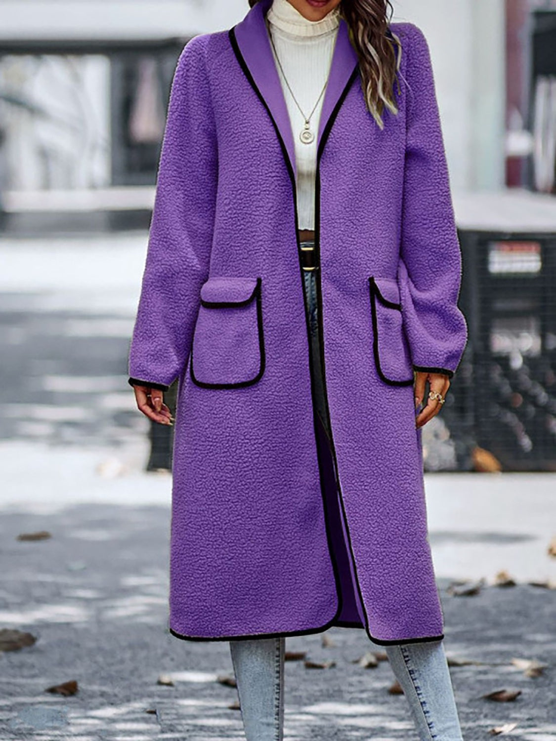 Claudia | Full size long sleeve coat with contrast trim and pockets