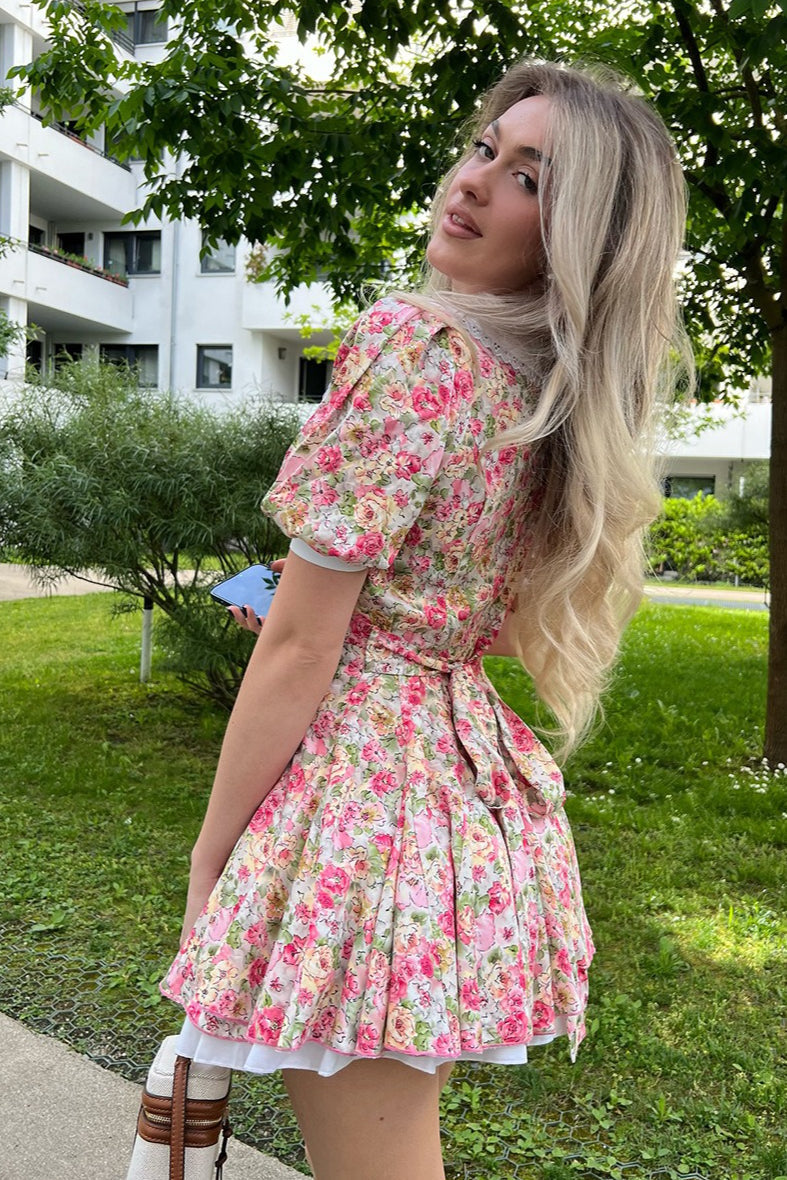 Peter Pan Collar Floral Puff Sleeve Button Mini Dress