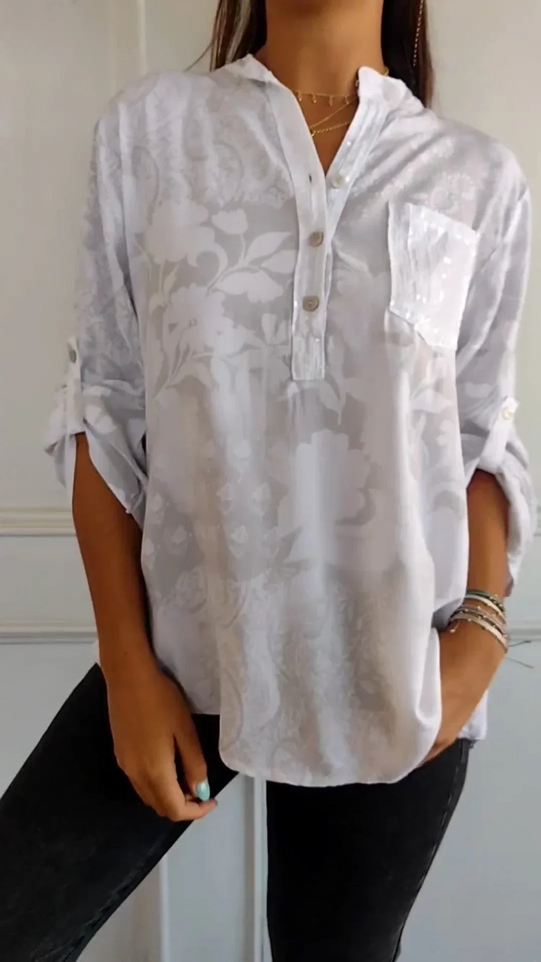 Maureen® | Printed V-Neck Top With Half Buttons