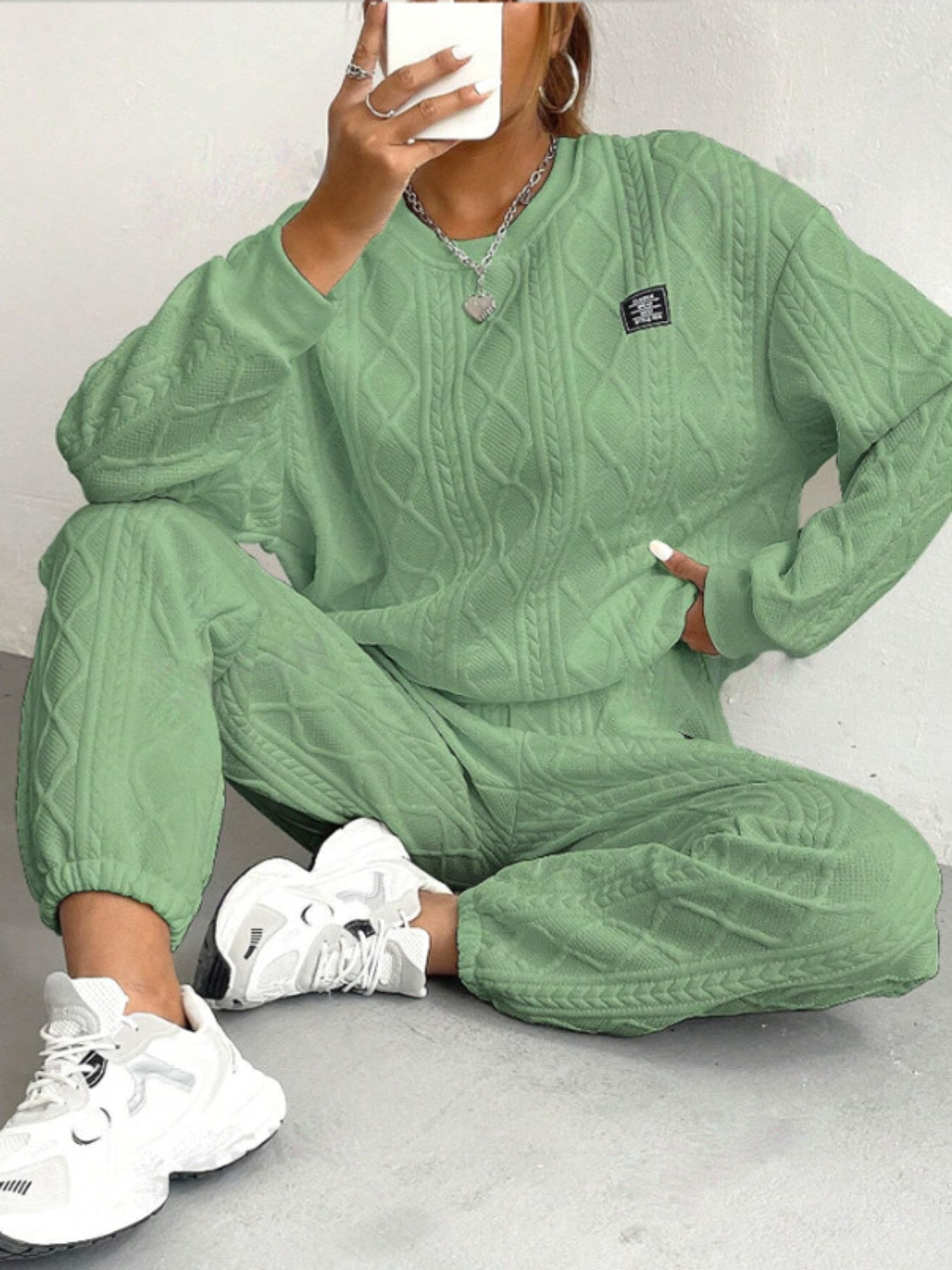 Amelie | Textured crew neck long sleeve top and pants set