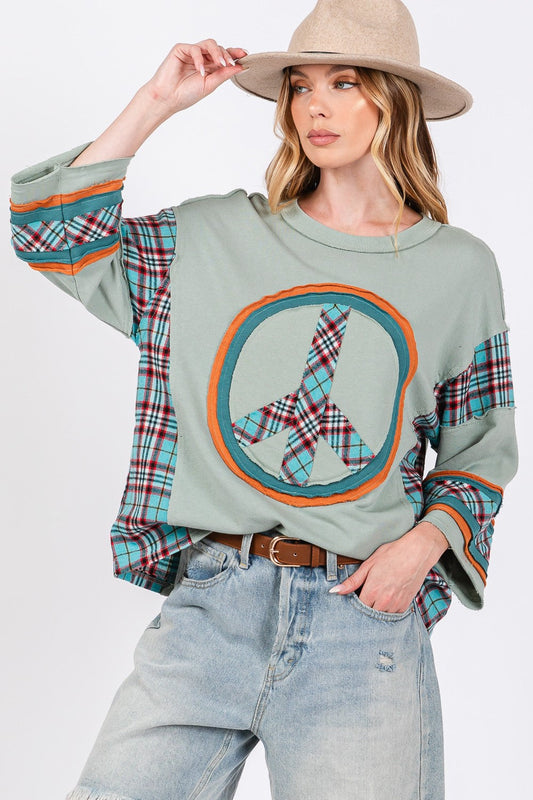 Ariana | SAGE + FIG top with peace appliqué patch and contrast check