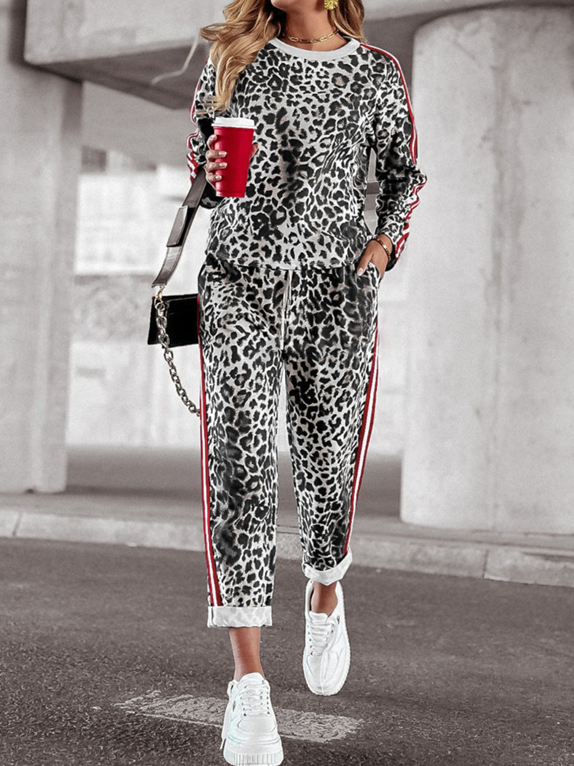 Araceli | Leopard print round neck long sleeve top and trousers set
