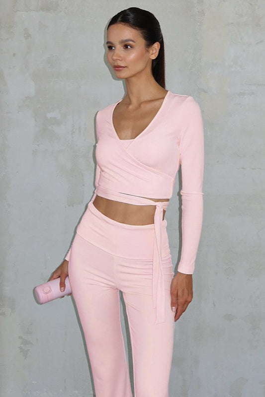 Stylish Solid Tie High-rise Flared Two Piece Set