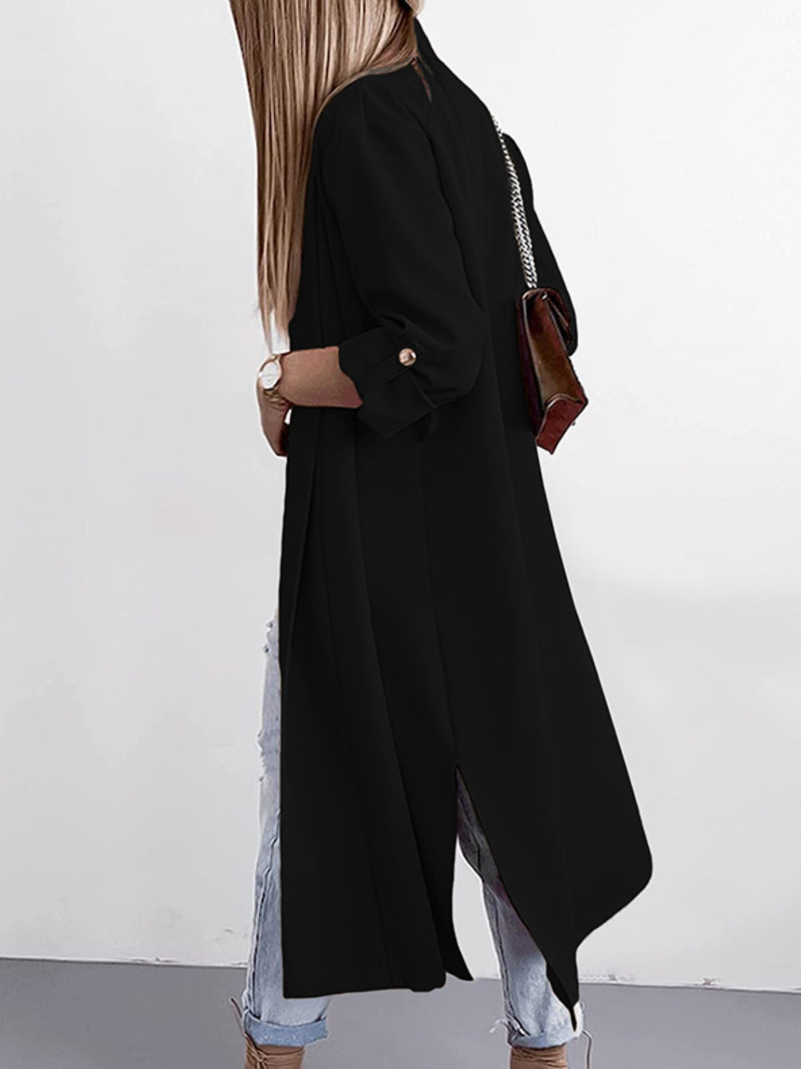 Marianna | Slit trench coat with roll tab sleeves open at the front