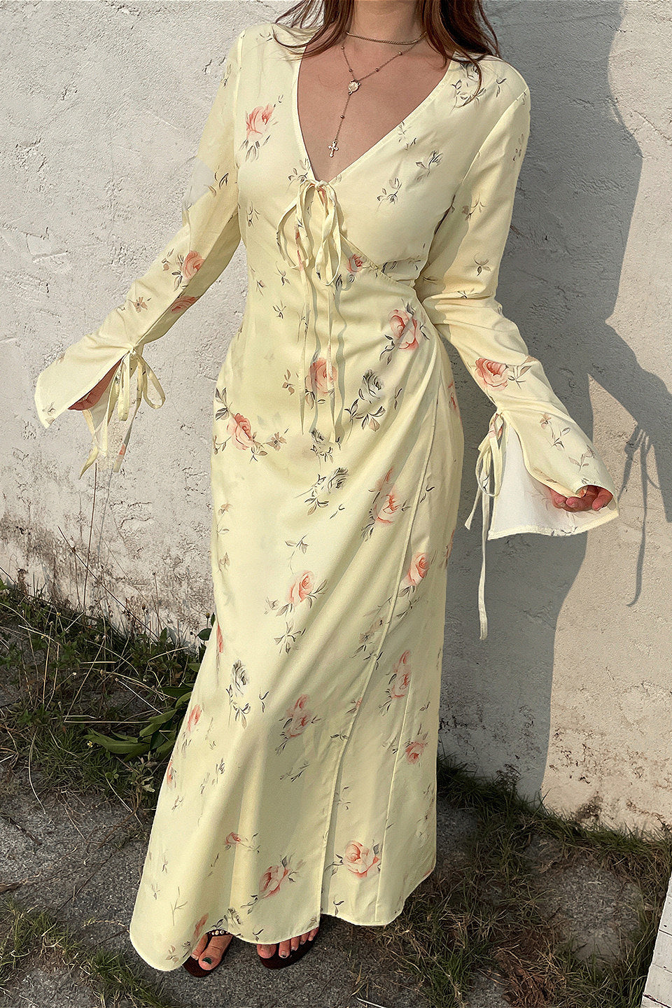 Sweet V Neck Flare Sleeve Wrap Tie Slim Maxi Floral Dress