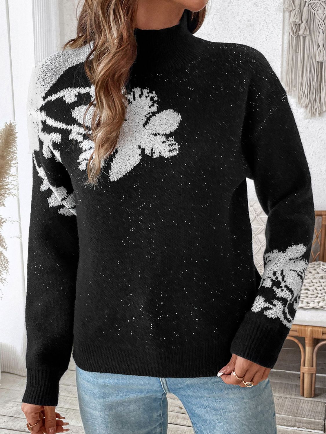 Lisette | Perfee Flower stand-up collar long sleeve sweater