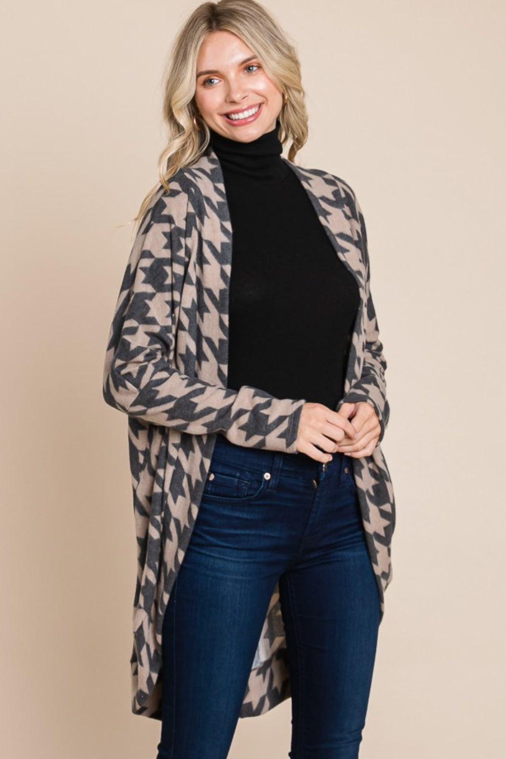 Mariana | Open front houndstooth cardigan in cocoon knit