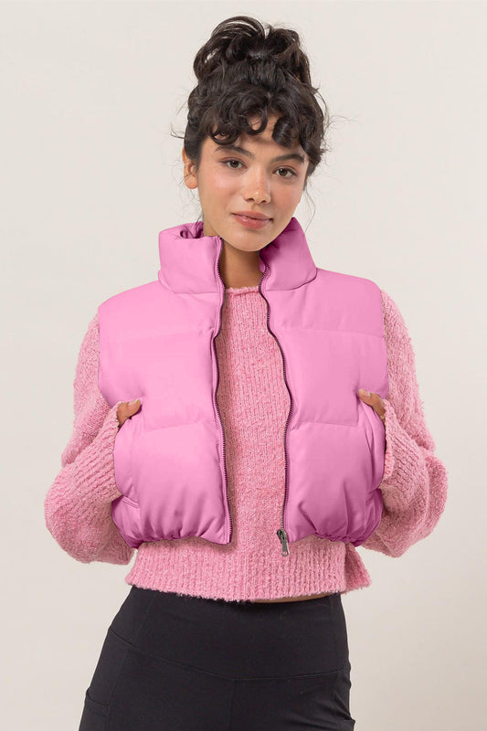 Celia | Cropped leather puffer vest with zip fastening