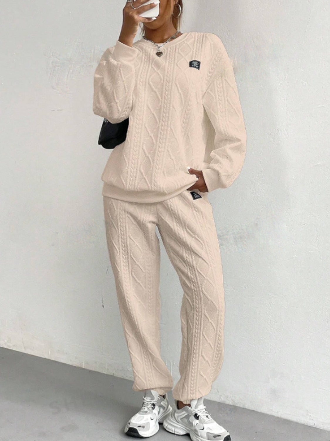 Amelie | Textured crew neck long sleeve top and pants set