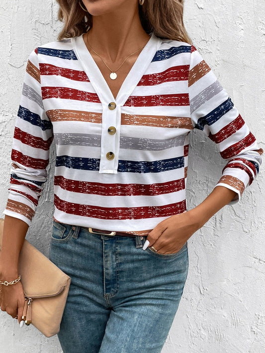 Luna | Contrast striped long sleeve t-shirt with V-neck
