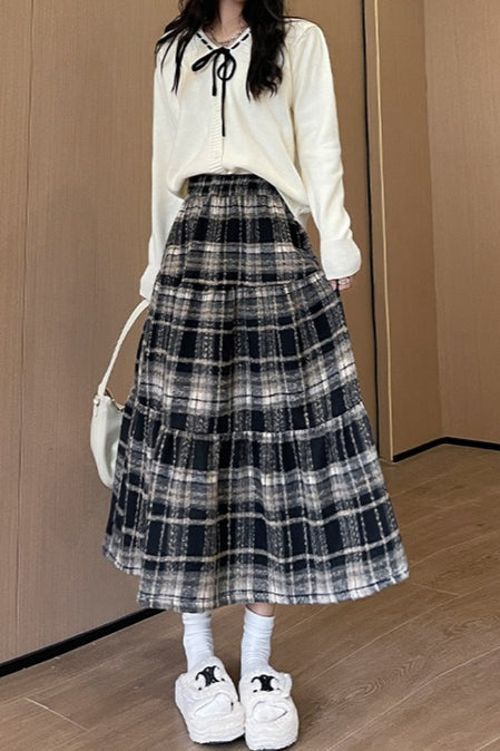 Wool Blend Tiered Plaid Skirt